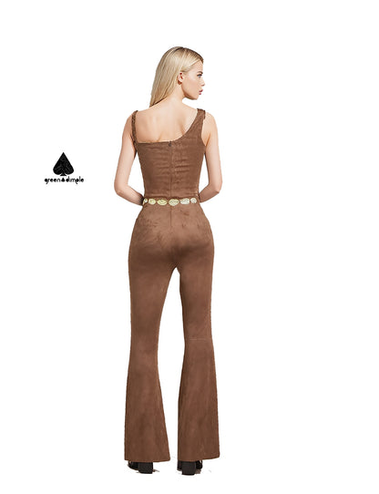 Suede fanshion Women Jumpsuit with rhinestone belt