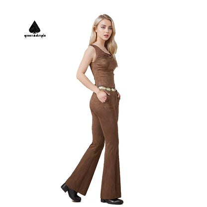 Suede fanshion Women Jumpsuit with rhinestone belt