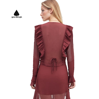 Women Front Ruffle Shirring burgundy dress