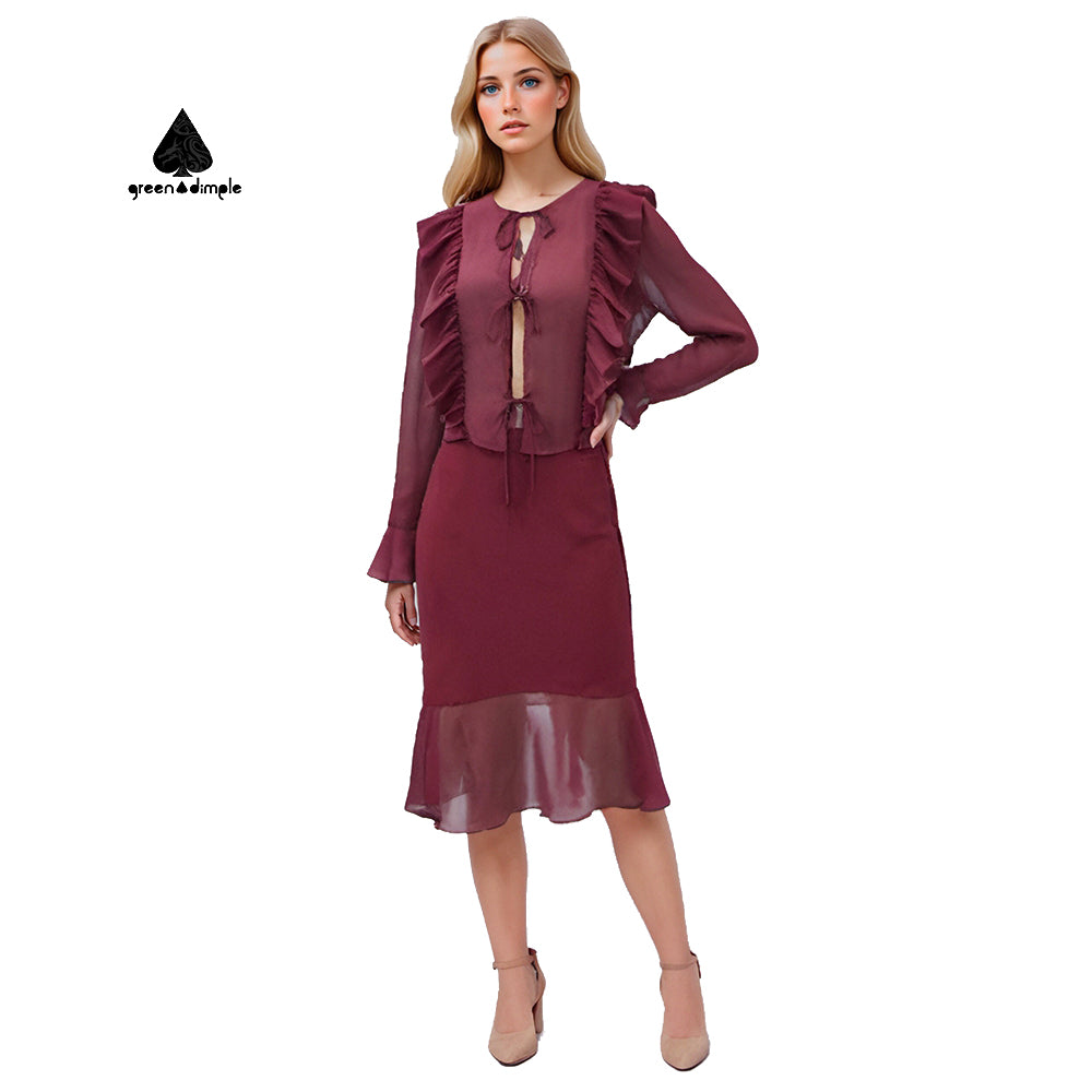 Women Front Ruffle Shirring burgundy dress