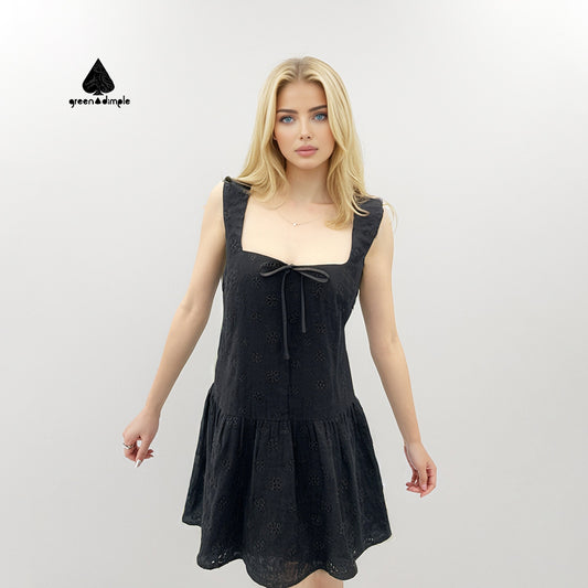 Black Cottagecore Wide strap Mini pleated Dresses