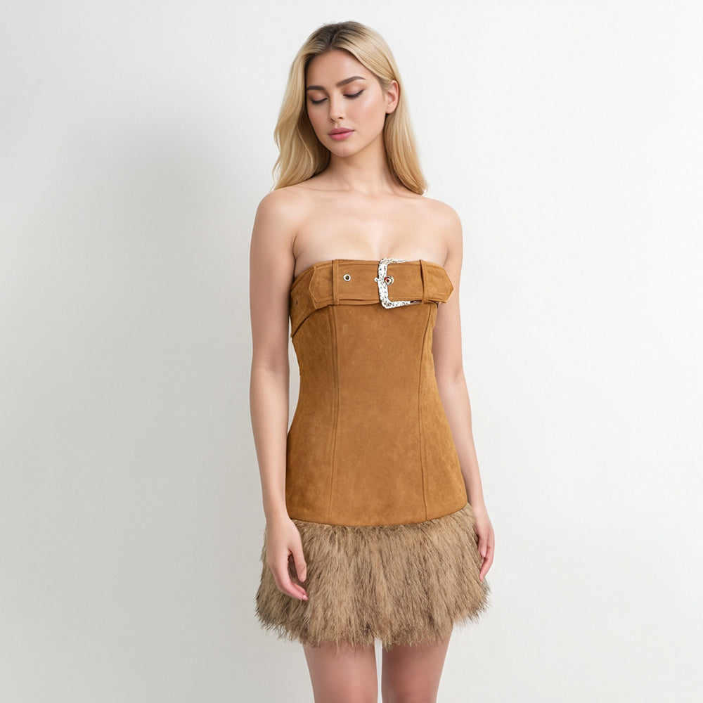 New fashion Suede short tube dress with faux fur