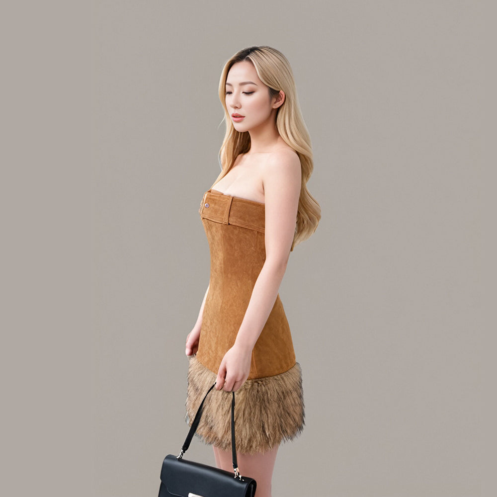 New fashion Suede short tube dress with faux fur