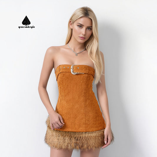 Women's elegant suede faux fur bodycon short tube dress