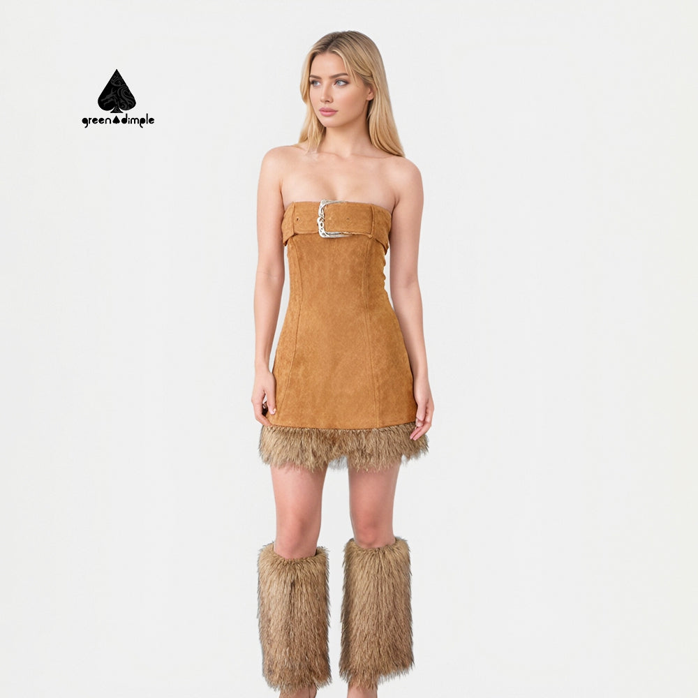 Women's elegant suede faux fur bodycon short tube dress