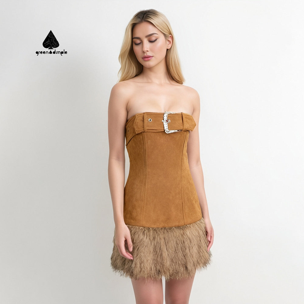 Women's elegant suede faux fur bodycon short tube dress