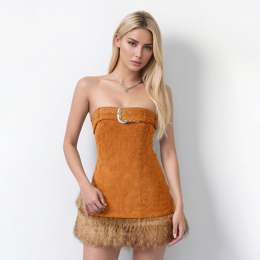 New fashion Suede short tube dress with faux fur