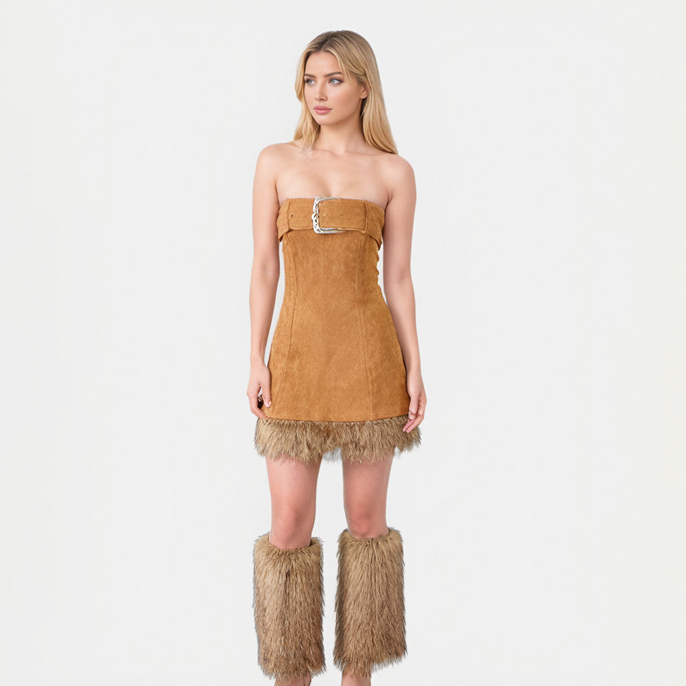 New fashion Suede short tube dress with faux fur