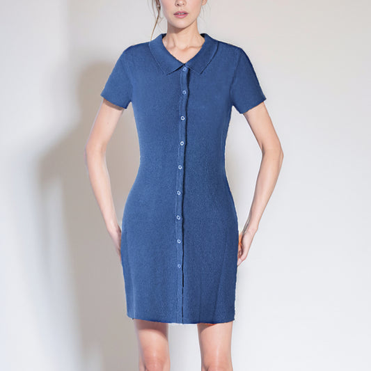 Blue women casual short bodycon shirt dresses with open front