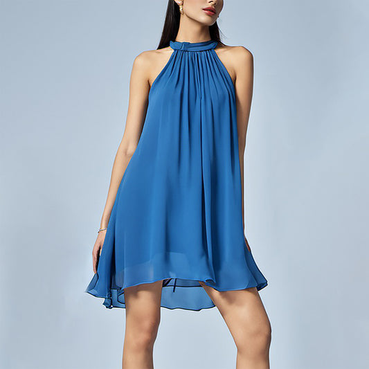 Causal Blue chiffon halter backless double layers short dress