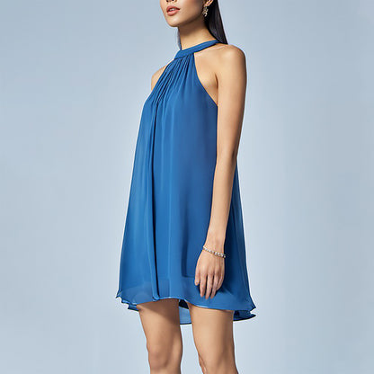 Causal Blue chiffon halter backless double layers short dress