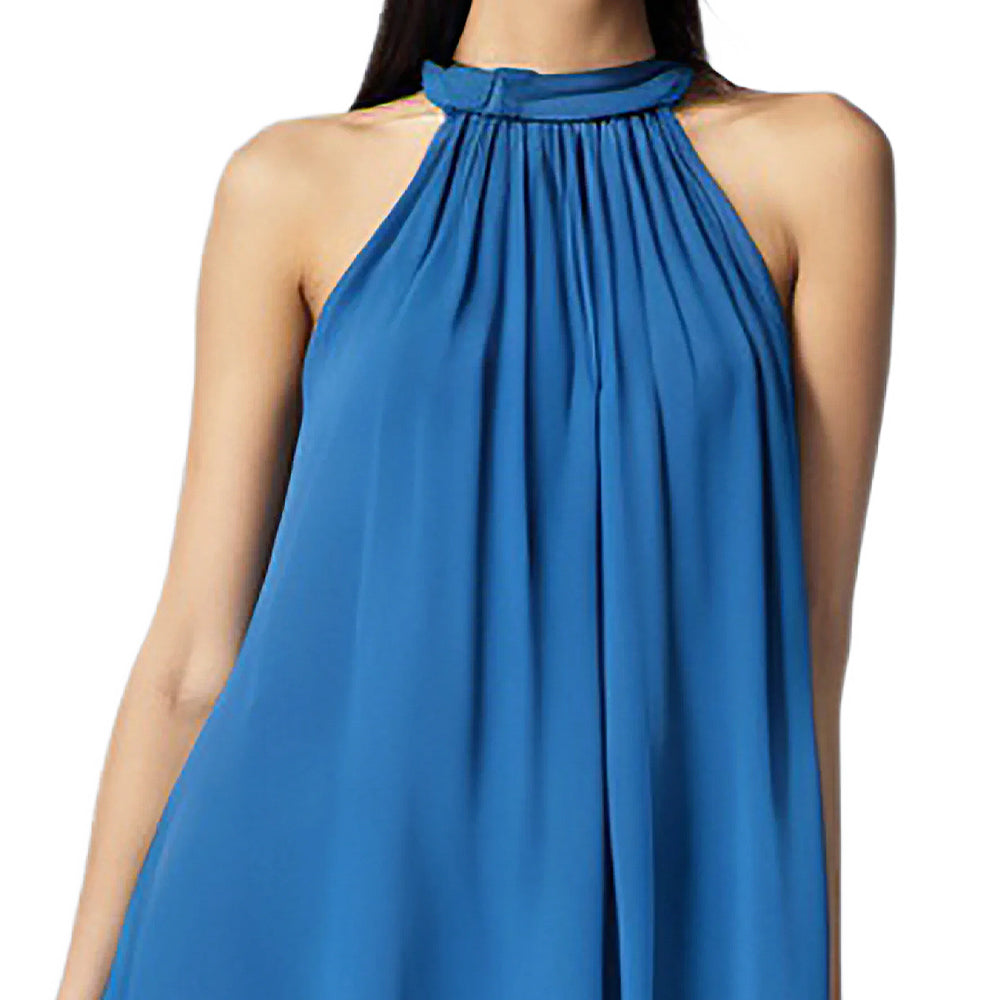 Causal Blue chiffon halter backless double layers short dress