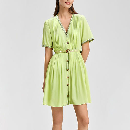 Light Green polynesian women casual short shirt dresses with open front and belt