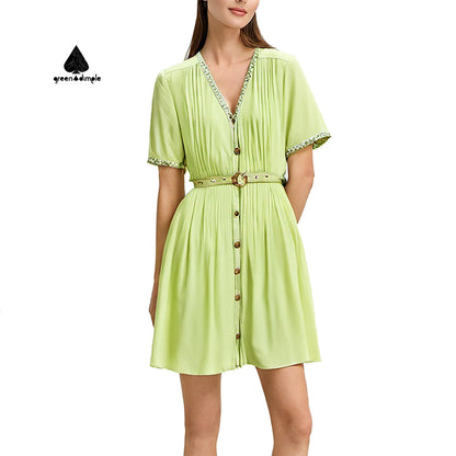 Front open Empire Casual short Waist Dress with belt