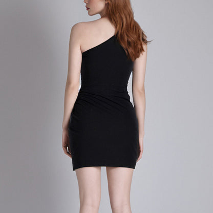 One shoulder black elegant short wrap body con causal party dress