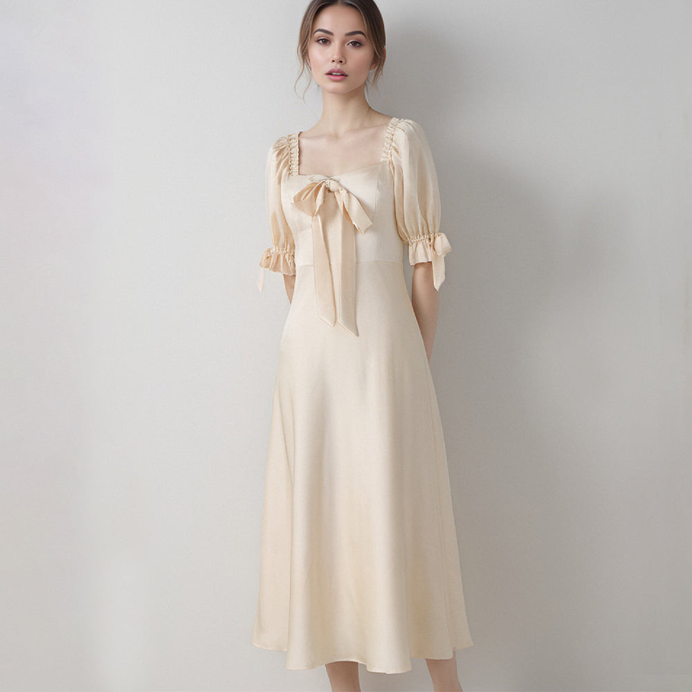 Satin puff sleeve causal sweet midi dress with bow and Ruffles