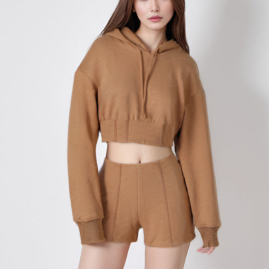 Midriff hoodie top and short pants casual sport 2 pieces set