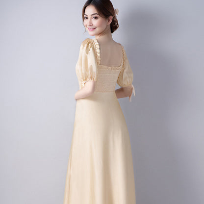 Satin puff sleeve causal sweet midi dress with bow and Ruffles