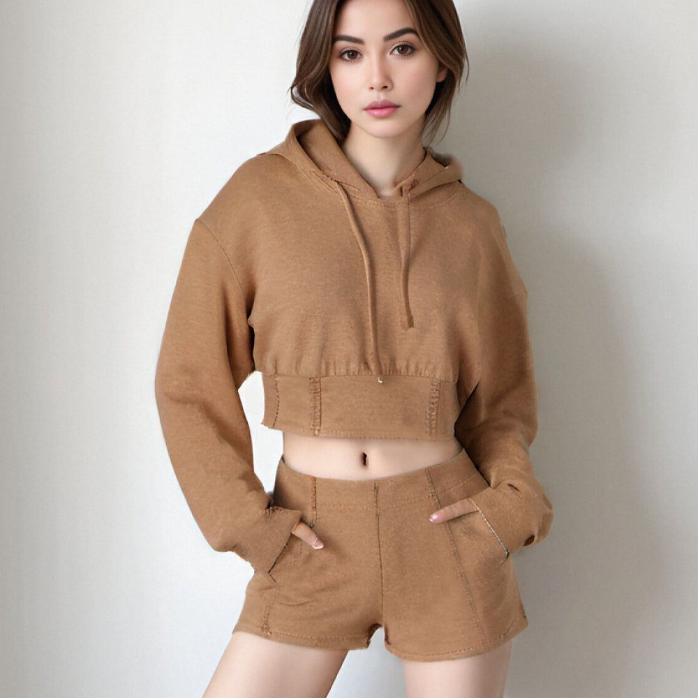 Midriff hoodie top and short pants casual sport 2 pieces set