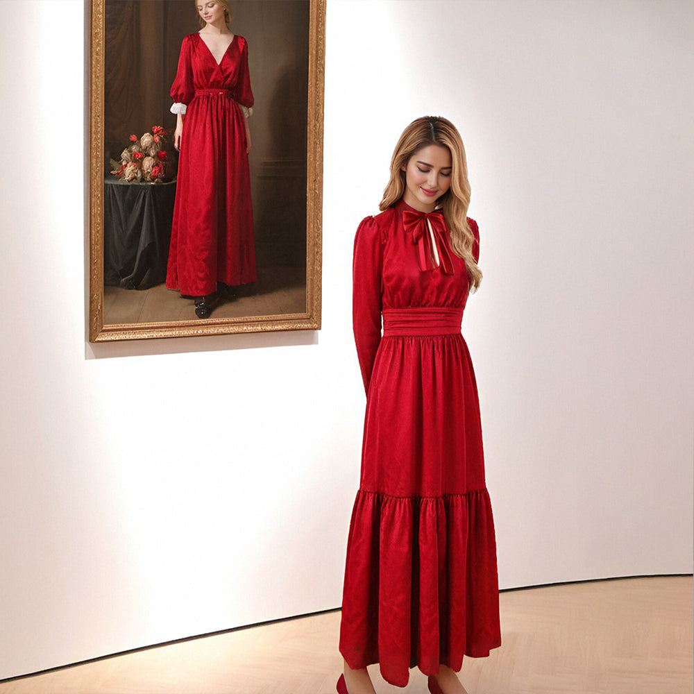 Spring Autumn Winter Red Fashion women long sleeve dress