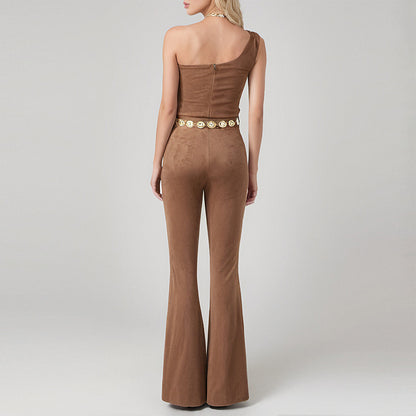 Suede rhinestone waistband one shoulder women fashion jumpsuit