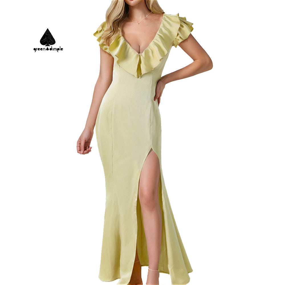 Elegant ruffle collar maxi backless women casual chiffon dress