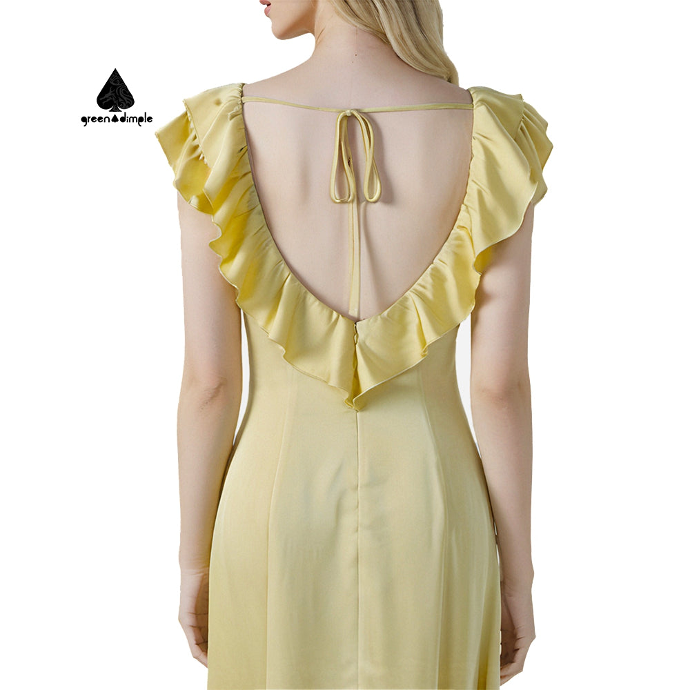 Elegant ruffle collar maxi backless women casual chiffon dress