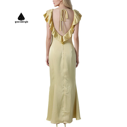 Elegant ruffle collar maxi backless women casual chiffon dress