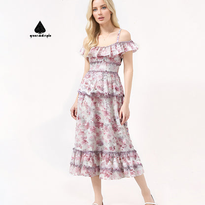 Cotton lady fancy long one piece summer autumn floral dress