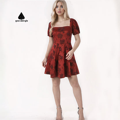 Wine color Sweet Short Floral pleated casual Dress