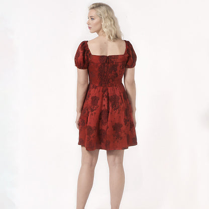 Wine color Sweet Short Floral pleated casual Dress