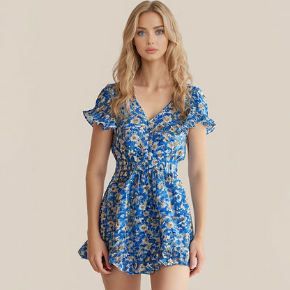 Floral pint casual a-line V-neck Fashion Lady Mini pleated Dress