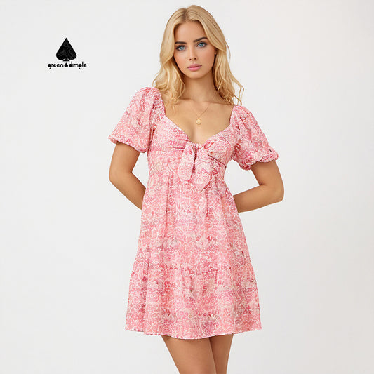 Summer Red Floral casual short dress for chubby women