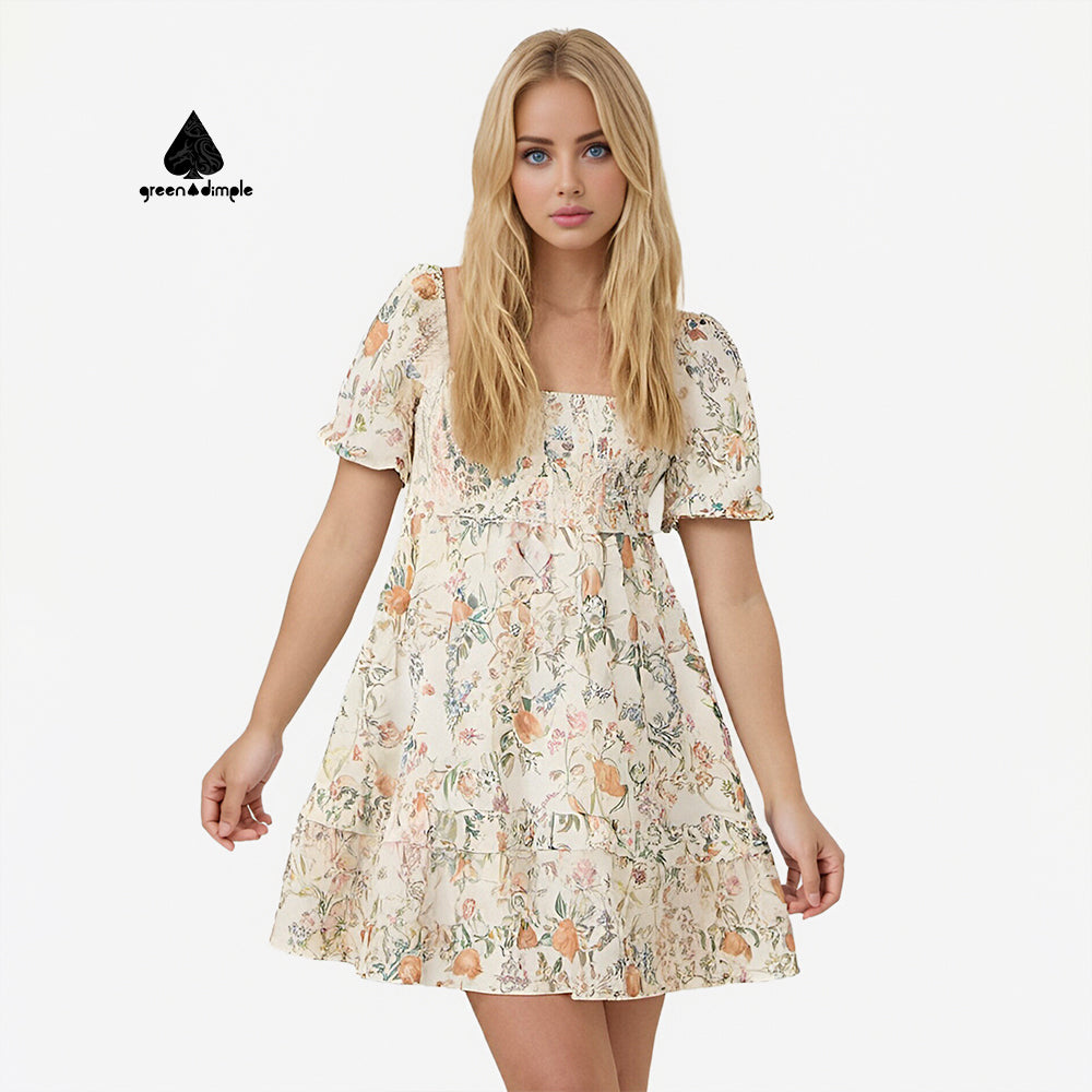 Sexy breathable puff Sleeve Mini floral short casual Dress