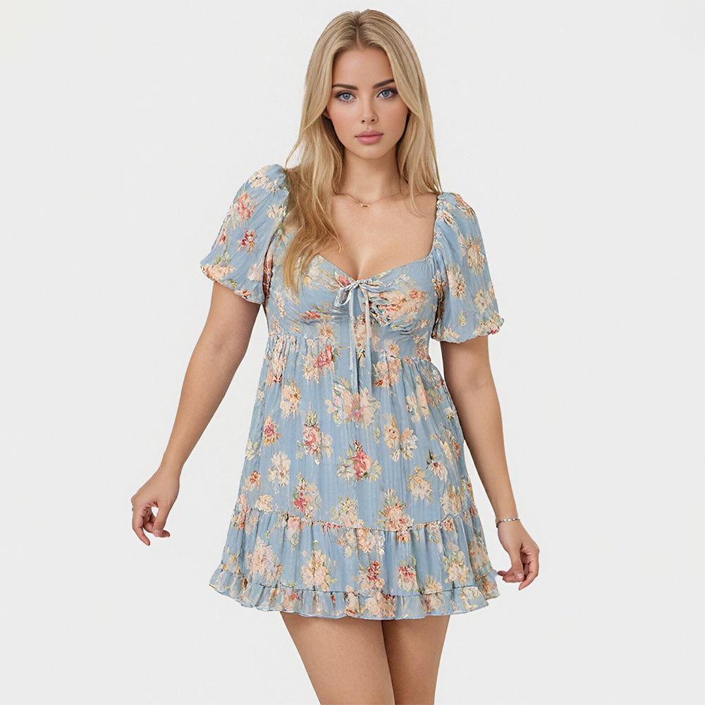 Breathable sexy Bare chest floral Mini casual Dress