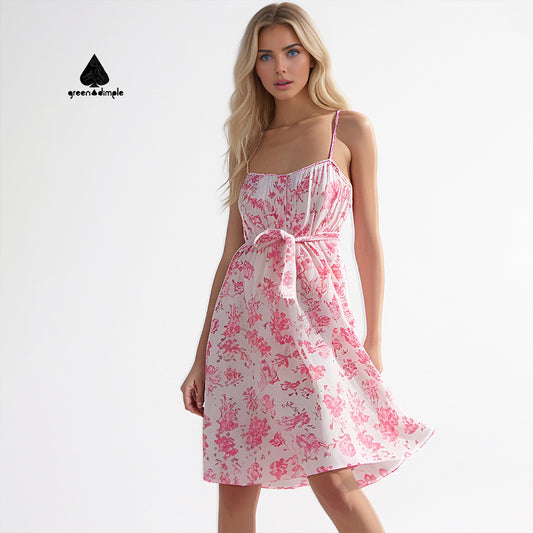 Summer Pink Floral Slim Strap Fluffy Sleeveless Fashion Dress