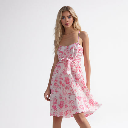 Summer Pink Floral Slim Strap Fluffy Sleeveless Fashion Dress