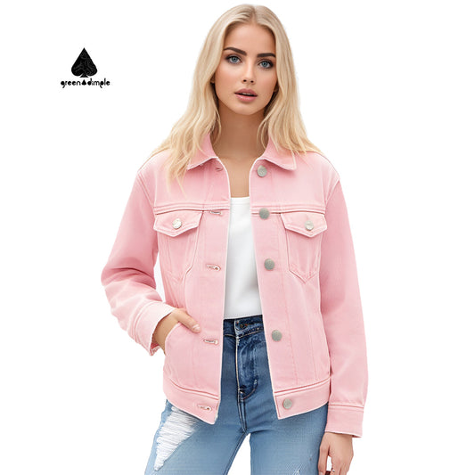 Work clothes style Slim Casual Washed Pink Thick Jean Jackets