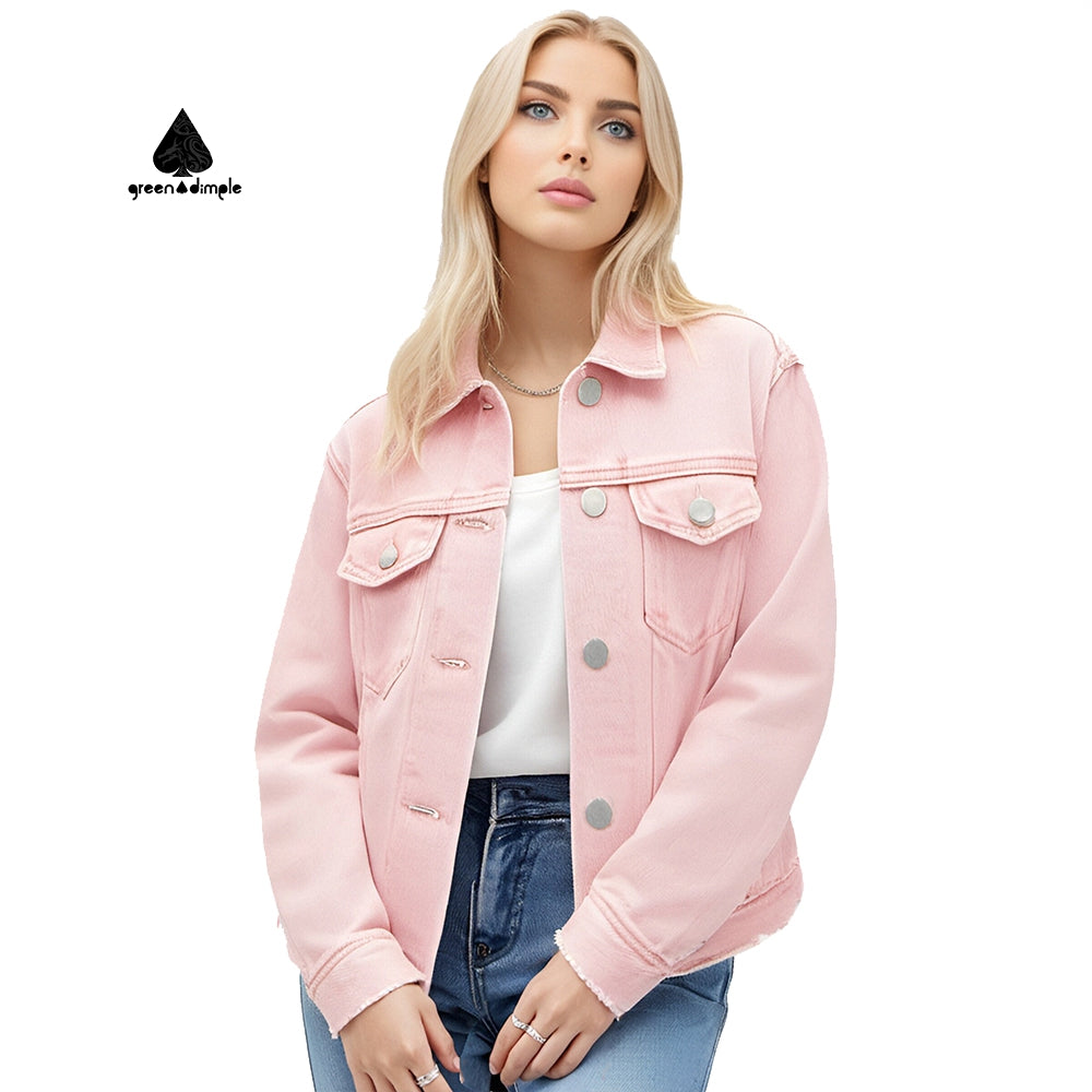 Work clothes style Slim Casual Washed Pink Thick Jean Jackets