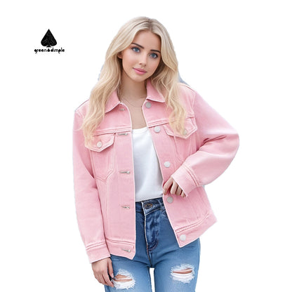 Work clothes style Slim Casual Washed Pink Thick Jean Jackets