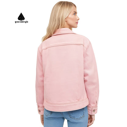 Work clothes style Slim Casual Washed Pink Thick Jean Jackets