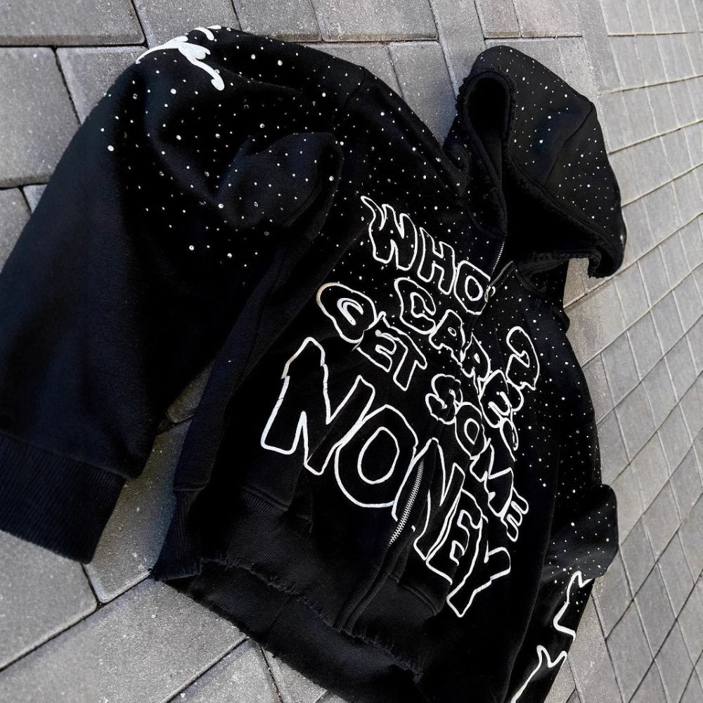 Streetwear Vintage Rhinestone French Terry Cotton Drop Shoulder Hoodie