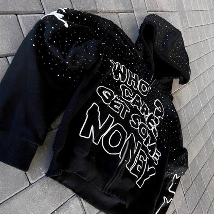 Streetwear Vintage Rhinestone French Terry Cotton Drop Shoulder Hoodie