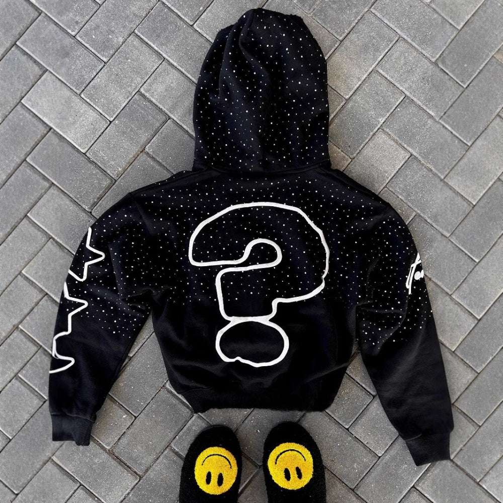 Streetwear Vintage Rhinestone French Terry Cotton Drop Shoulder Hoodie