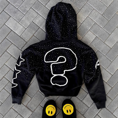 Streetwear Vintage Rhinestone French Terry Cotton Drop Shoulder Hoodie