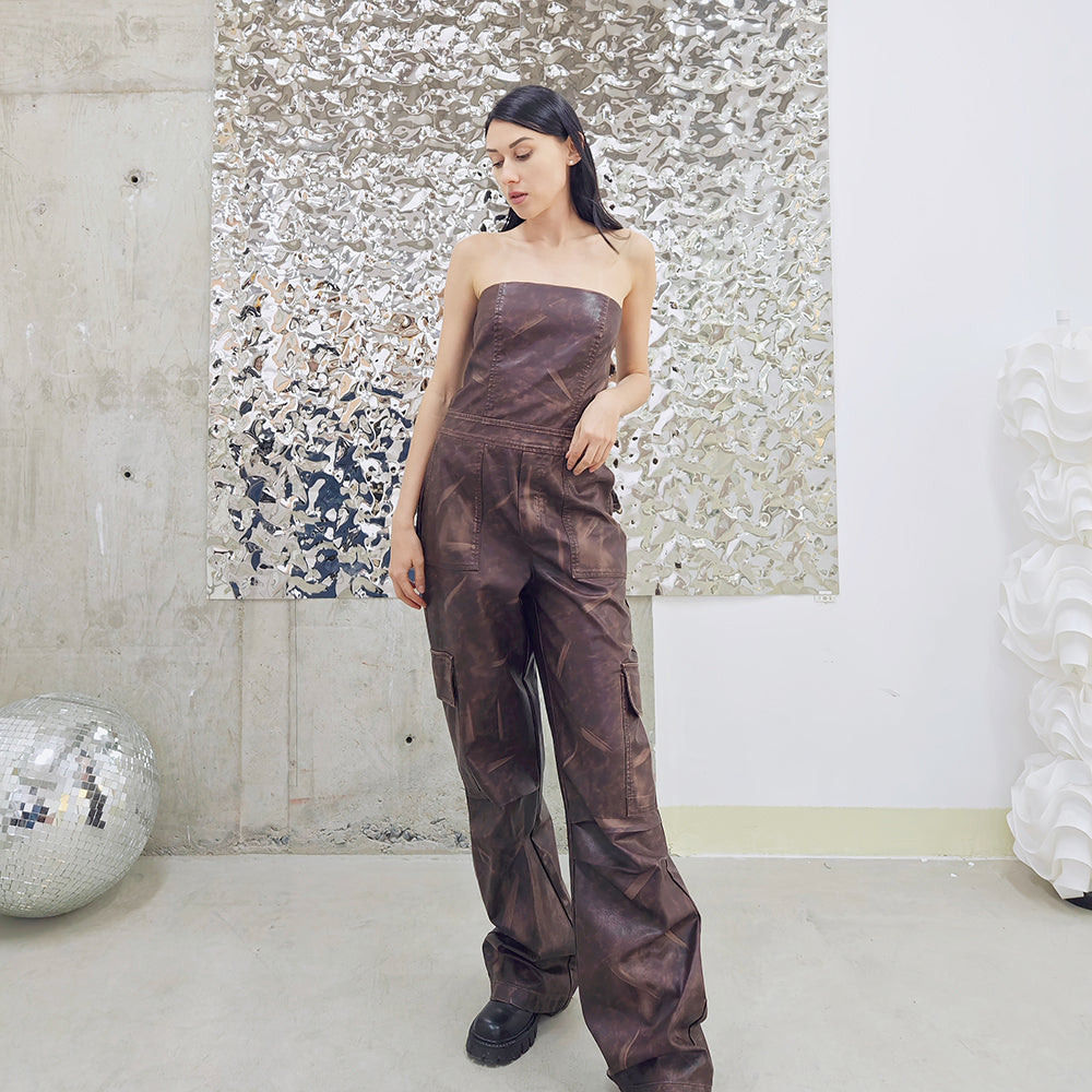 Change Your Mind Faux Leather Jumpsuit - Brown/combo-2