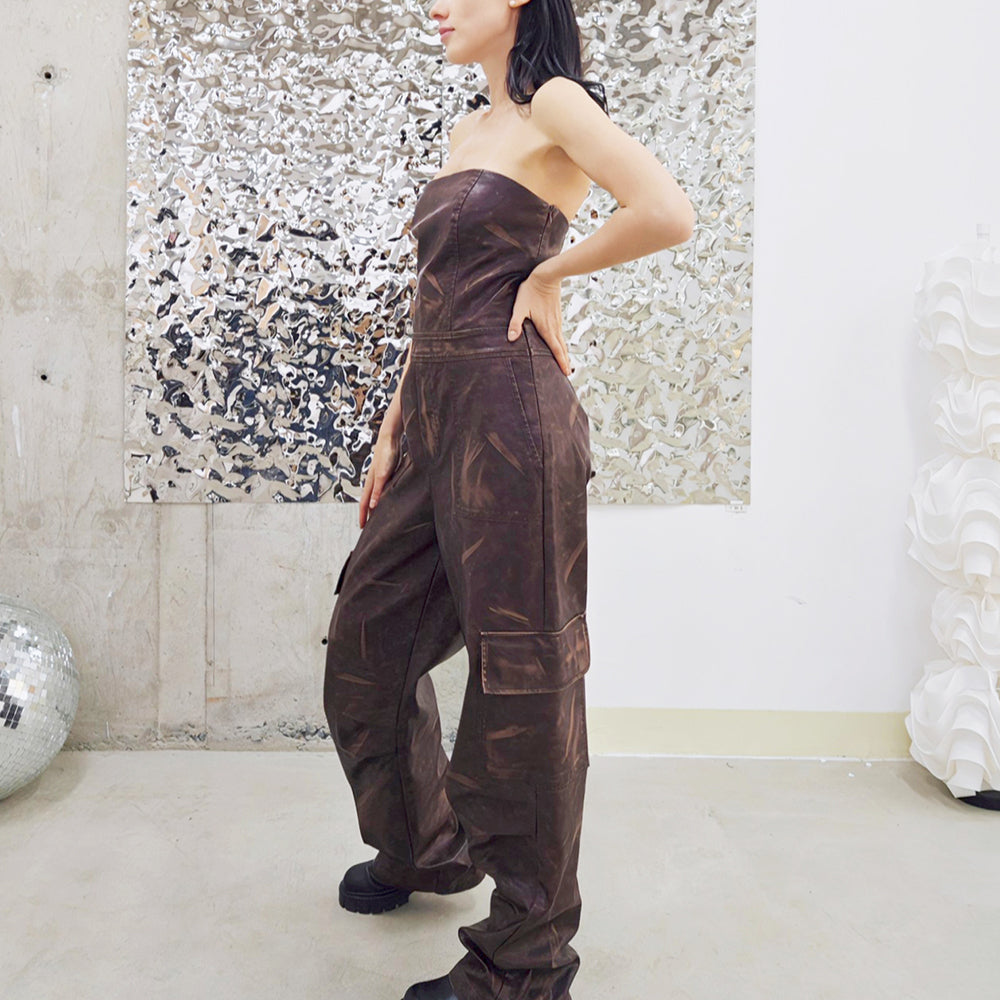 Change Your Mind Faux Leather Jumpsuit - Brown/combo-2