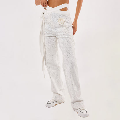 Crystal rihnstone decoration women fashion trousers