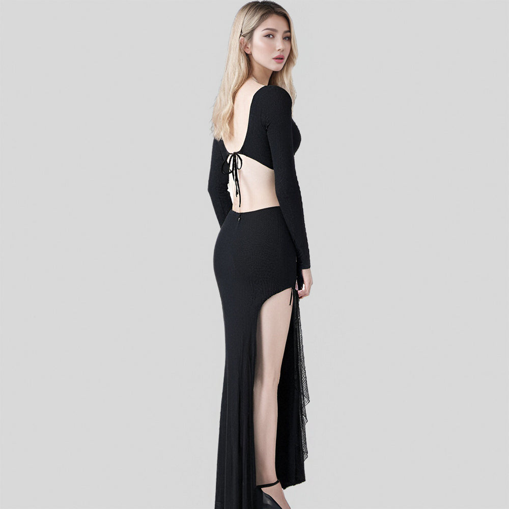 Sexy outfit bra top with long sleeve and high slit long skirt 2 pieces set