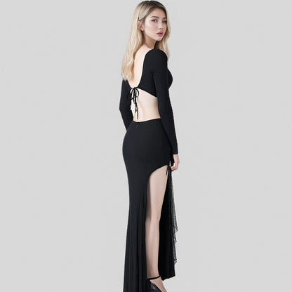 Sexy outfit bra top with long sleeve and high slit long skirt 2 pieces set